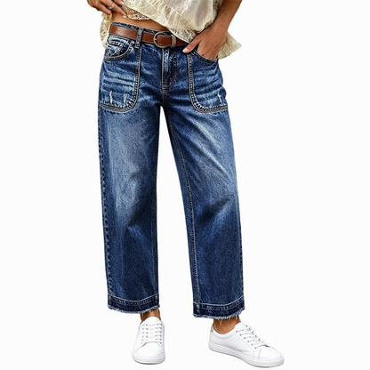 📢🎉50%Rabatt!!!🛍️✨Damen Vintage dehnbare Straight-Leg Jeans mit distresseierten aufgesetzten Taschen und ausgefranstem Saum