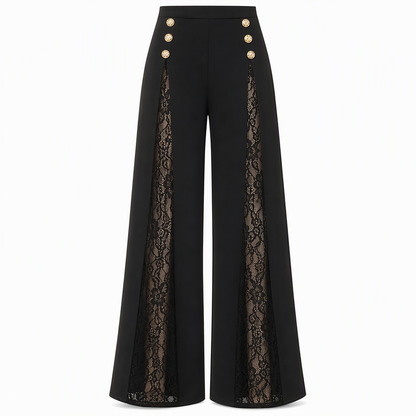 📢🎉50%Rabatt!!!🛍️✨Damen High-Waist-Hose mit Spitzeneinsatz, weitem Bein und dekorativen Goldknöpfen