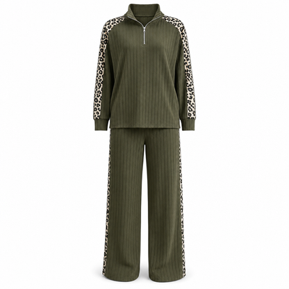 📢🎉50%Rabatt!!!🛍️✨Damen Rippstrick Zweiteiler Freizeitanzug mit Viertelreißverschluss-Pullover und weitem Bein mit Leopardenmuster Akzent-Paneelen