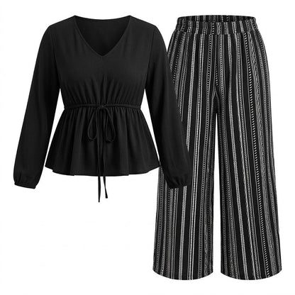 🥳Über 10.000 positive Bewertungen! 50% Rabatt!🥳 Damen V-Ausschnitt Peplum Oberteil und Streifenhose Set