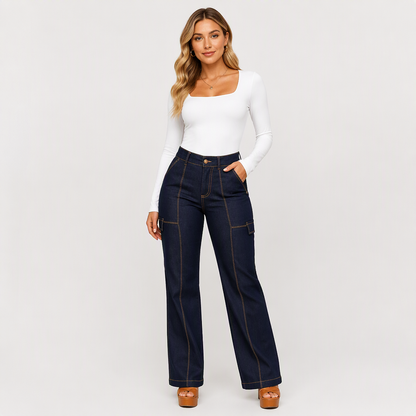 📢🎉50%Rabatt!!!🛍️✨Damen Jeans mit hohem Bund, kontrastfarbiger Ziernaht und weitem Bein