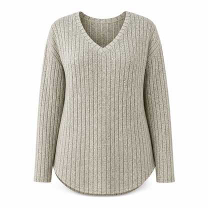 📢🎉50%Rabatt!!!🛍️✨Damen Übergrößen V-Ausschnitt Langarm Geripptes Gebürstetes T-Shirt Locker Sitzendes Einfarbiges Pullover-Oberteil