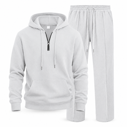 📢🎉50%Rabatt!!!🛍️✨Lässiger 2-teiliger Trainingsanzug für Herren aus Waffelstrick – Kapuzenpullover mit halbem Reißverschluss und Hose mit geradem Bein