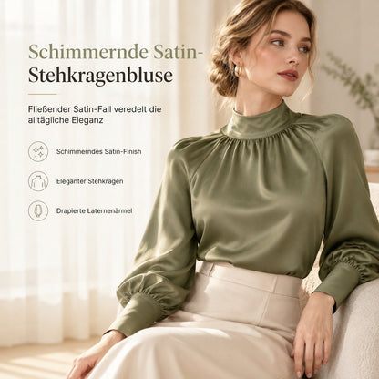 📢🎉50%Rabatt!!!🛍️✨Elegante satinierte Bluse im französischen Stil mit Stehkragen und langen Ballonärmeln für Herbst- und Winterlayer-Looks