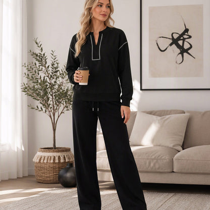 📢🖤Black-Friday-Aktion – 50 % Rabatt!!!🖤✨ Damen Langarm-Halbzip-Top und Hosen mit weitem Bein Set